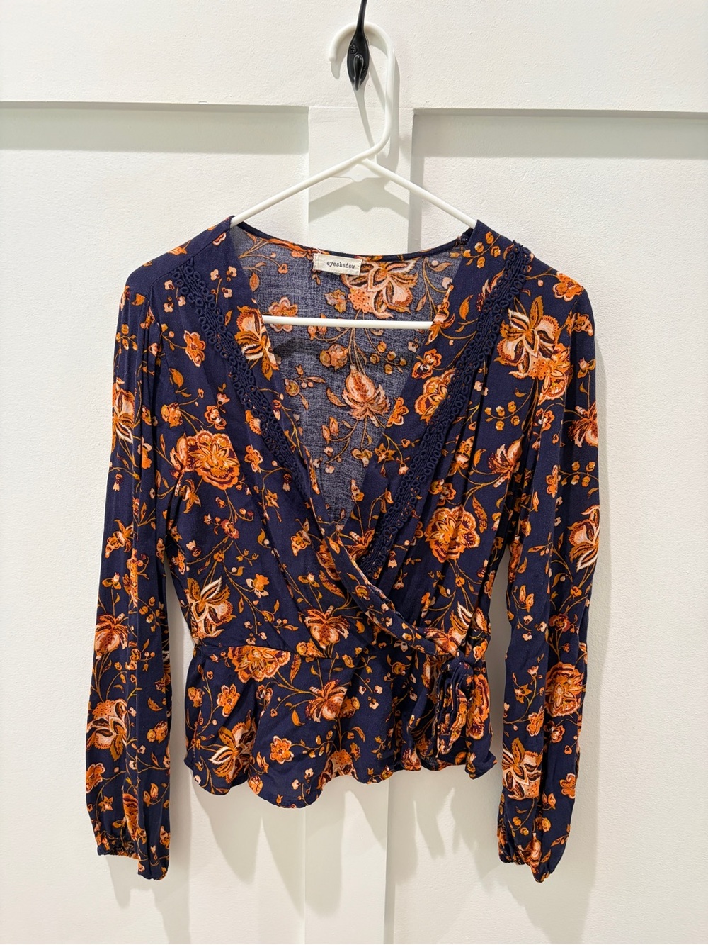 Navy Wrap Blouse with Orange Floral Print